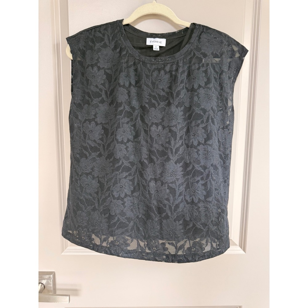Evereve Womens Black Floral Lace Sleeveless Crew Neck Top Small